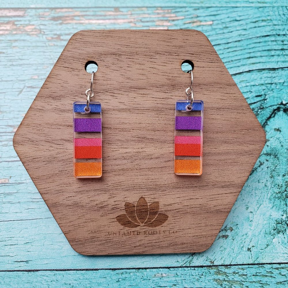 Rainbow Stripe Small Rectangle Dangle Earrings, Nickel Free Stainless, Acrylic
